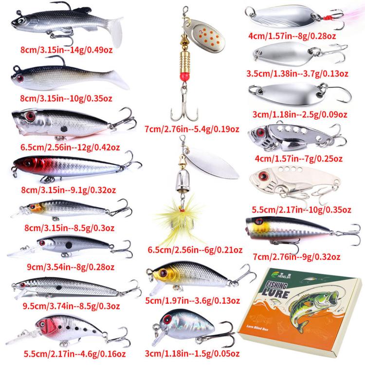 Assorted fishing lure tackle set with multiple bait types and size labels