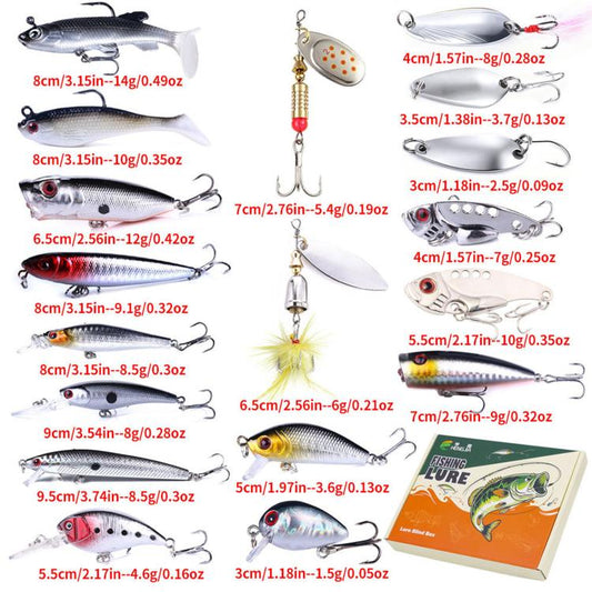 Assorted fishing lure tackle set with multiple bait types and size labels