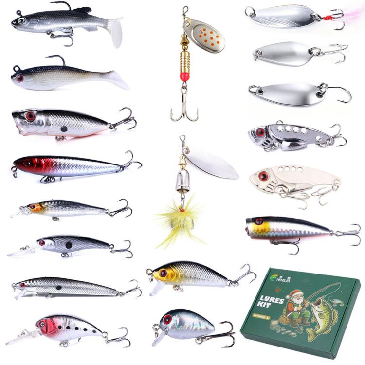 Fishing lure tackle set with assorted baits and green lure blind box