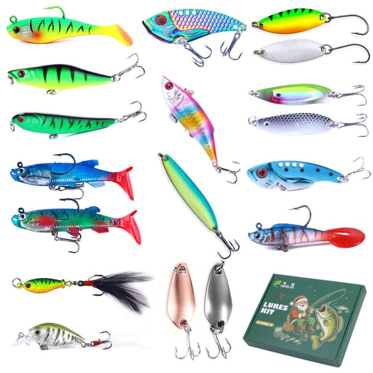 Colorful fishing lure set with multiple baits and green lure blind box