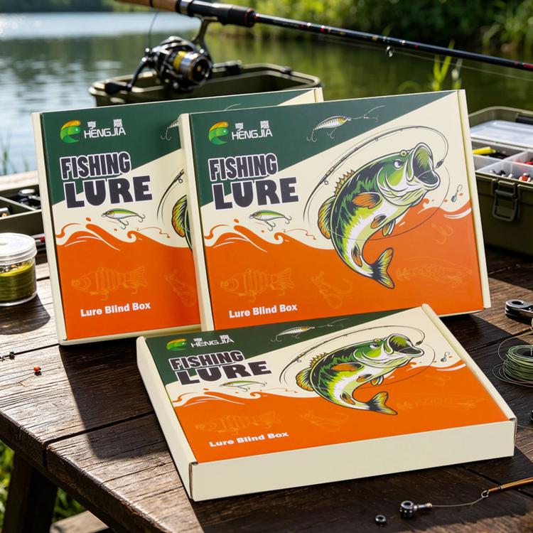 Fishing lure blind boxes stacked outdoors on a dock