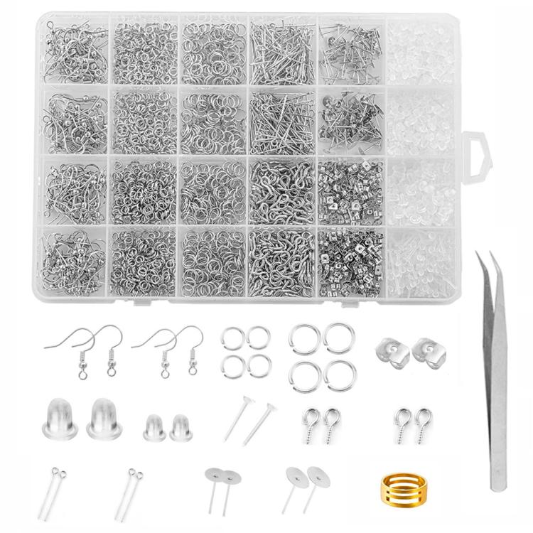 Silver earring making kit box with ear hooks, jump rings, eye pins, stud posts & backs, tweezers