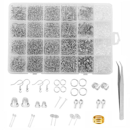 Silver earring making kit box with ear hooks, jump rings, eye pins, stud posts & backs, tweezers