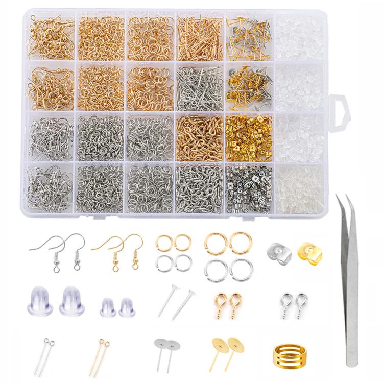 Gold and silver earring making kit box with ear hooks, jump rings, eye pins, stud posts & tweezers