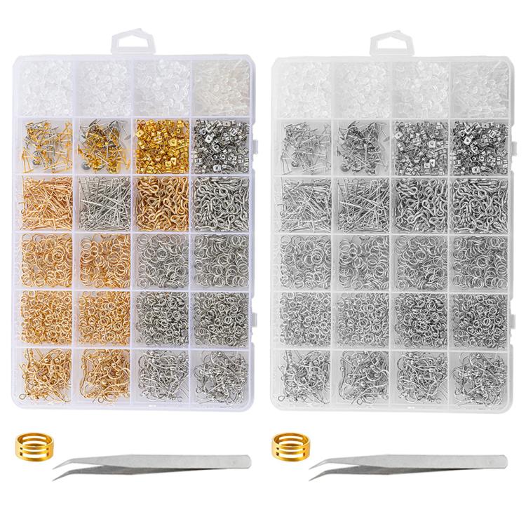 Earring making kit box with gold and silver components, plus tweezers and precision tools