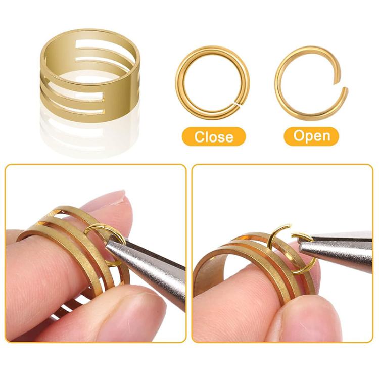 Gold jump rings shown open and closed for assembling earring components