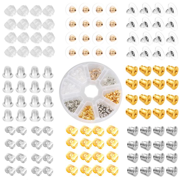 Earring back replacement kit with gold, silver, and clear silicone styles in organizer