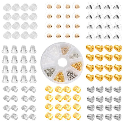 Earring back replacement kit with gold, silver, and clear silicone styles in organizer