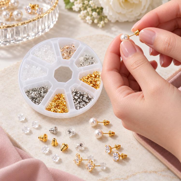 Earring back kit with assorted gold and silver backs and silicone earnuts in tray
