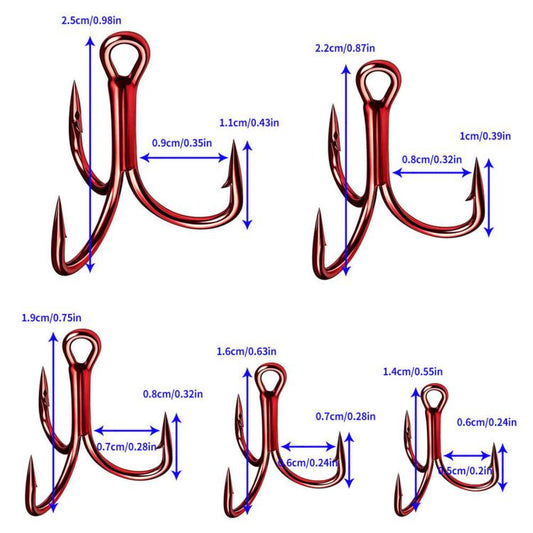 Red treble fishing hooks size chart with barbed hook measurements