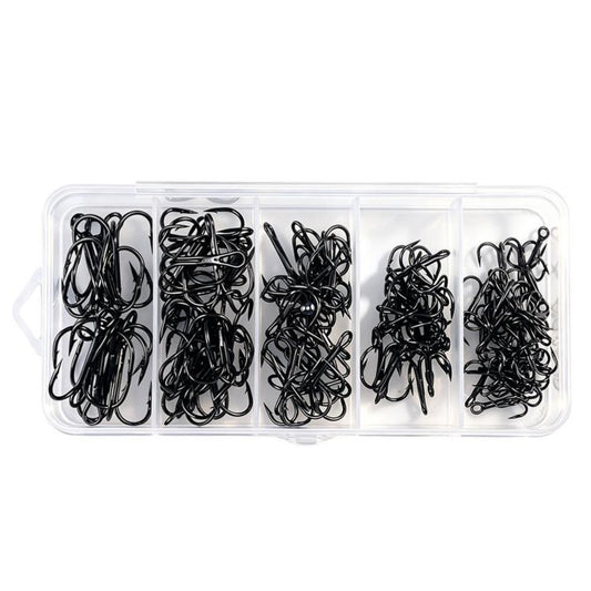 Black treble fishing hook kit in clear divided storage box, barbed hooks