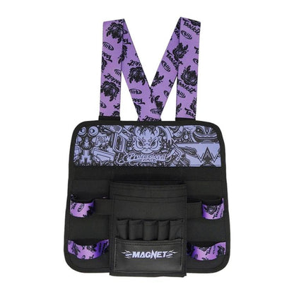 Black & purple chest tool bag with magnetic pocket, adjustable straps and side pouches