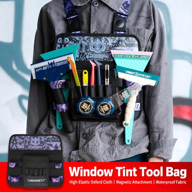Tool chest bag worn over shirt, open front with multiple tool slots and pouches