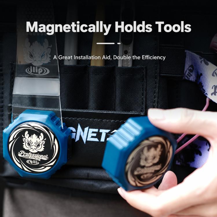 Close-up of blue magnetic tool holder on the chest bag pocket