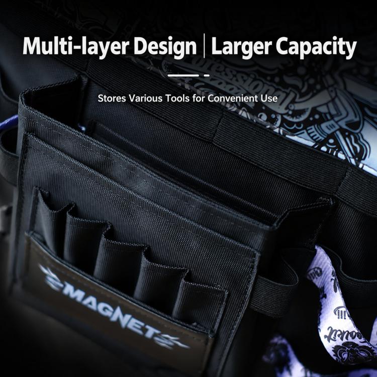 Black inner organizer with multiple stitched tool slots inside the chest bag