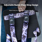 Adjustable buckle waist strap and mesh panel on the purple-lined tool chest bag