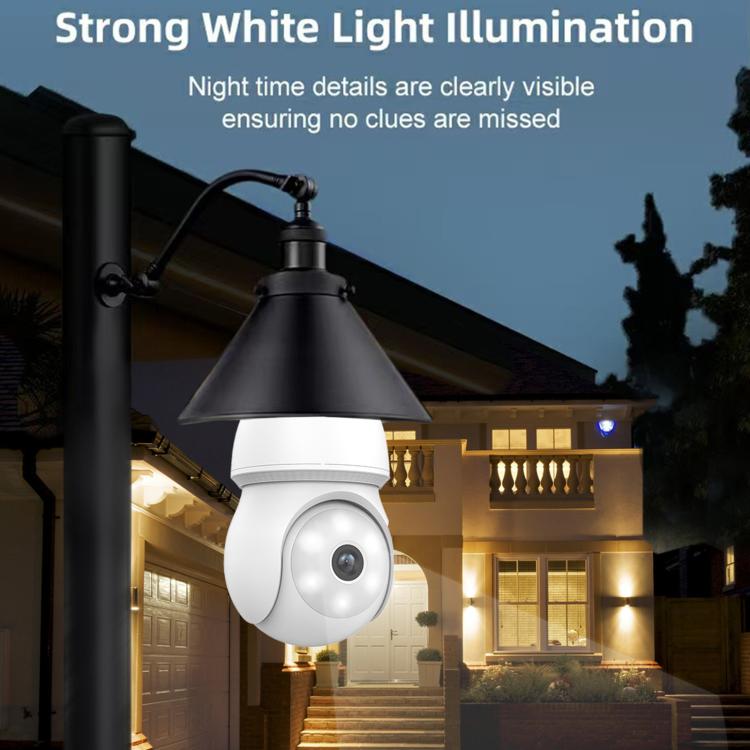 White bulb security camera with wide lens, installed outdoors under porch light