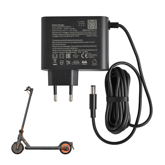Black EU plug battery charger with power cord and DC connector ends