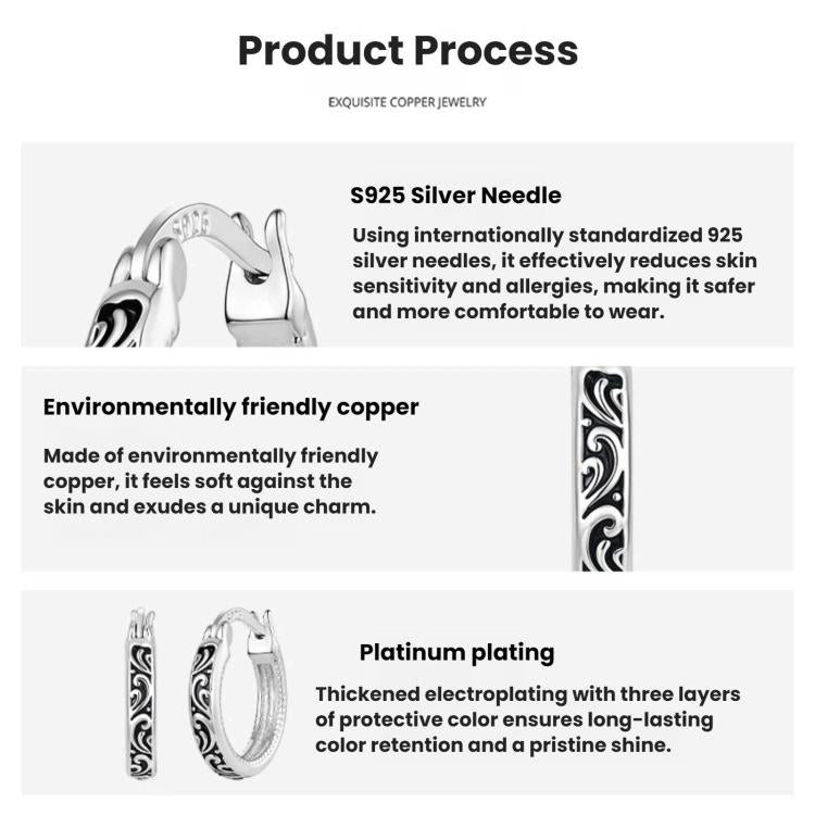 Plating process panel with patterned hoop earrings and silver tone needle