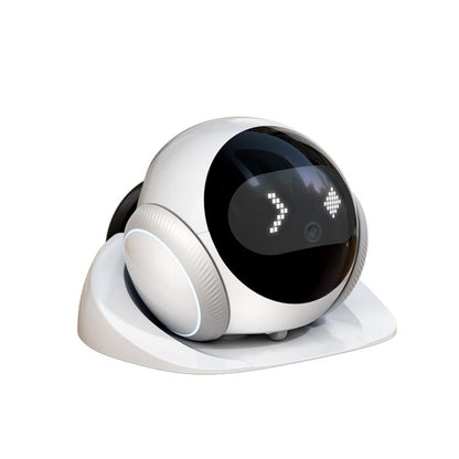 White and black AI pet robot camera with large front dome lens and base