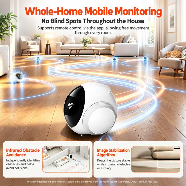White AI pet robot camera on floor with glowing navigation lines around it