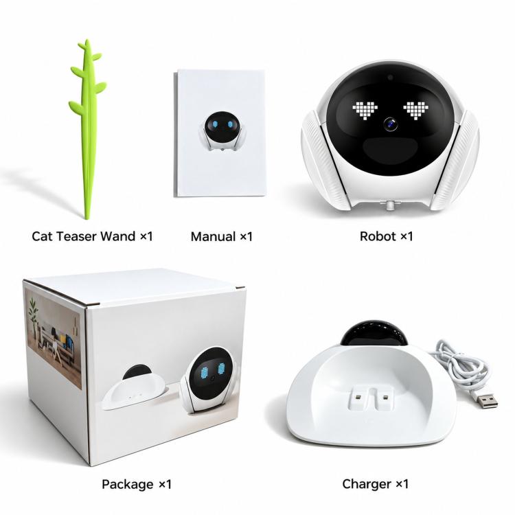 AI robot companion camera with charger, manual, package, and cat teaser wand
