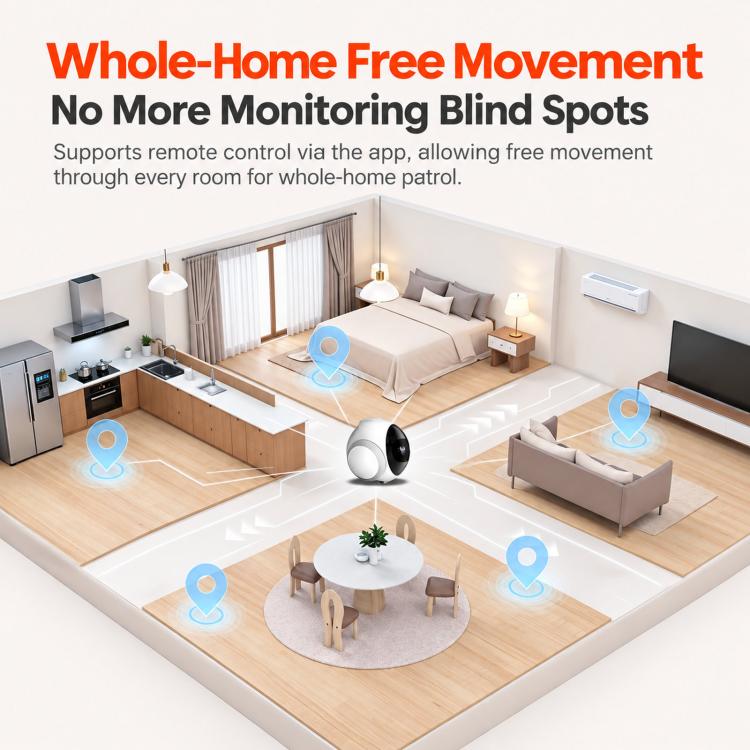 White AI pet robot camera moving over a home floor with route markers