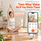 White AI pet robot camera near a smartphone showing live view for voice calls
