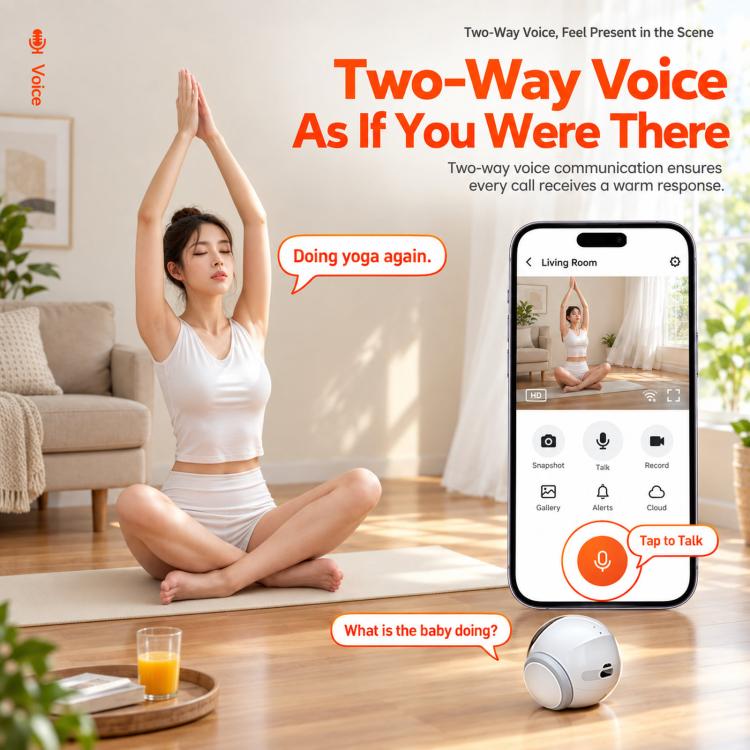 White AI pet robot camera near a smartphone showing live view for voice calls