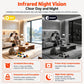 White AI pet robot camera shown for night-vision viewing with day and night panels
