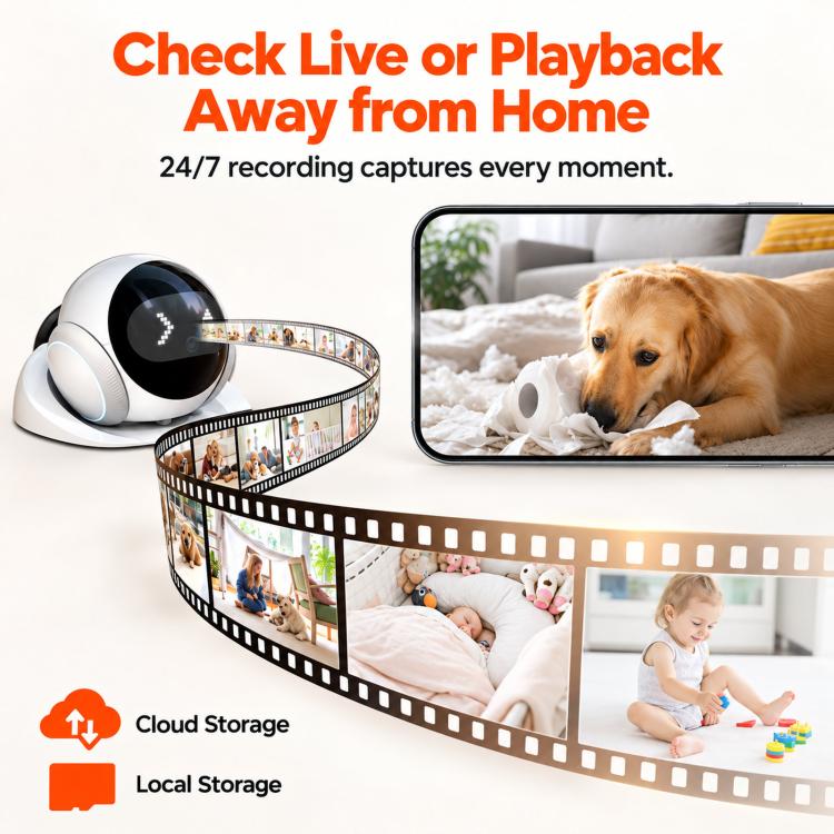 White pet robot camera with filmstrip graphics showing live viewing and playback