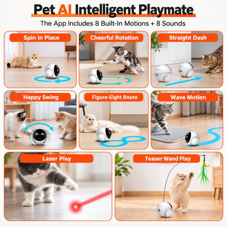 White pet robot camera with visible play mode showing a red laser dot on floor