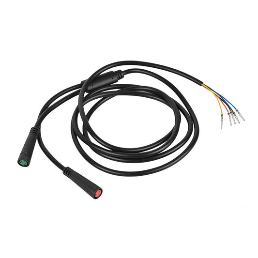 Pre-assembled wiring harness cable with black plugs and color-coded wire bundle