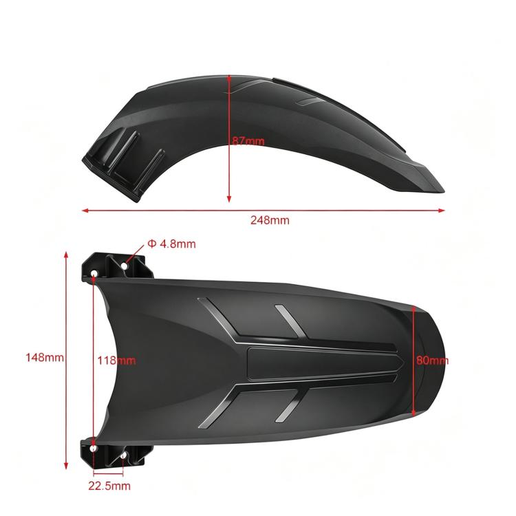Black rear mudguard fender guard with length and width measurement markings
