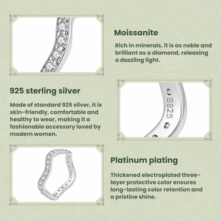Sterling silver 925 wave ring graphic with moissanite detail and platinum plating info