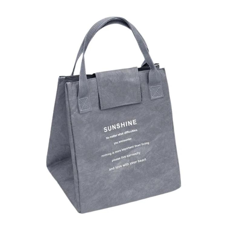 Light gray insulated lunch tote bag with top carry handles and front pocket