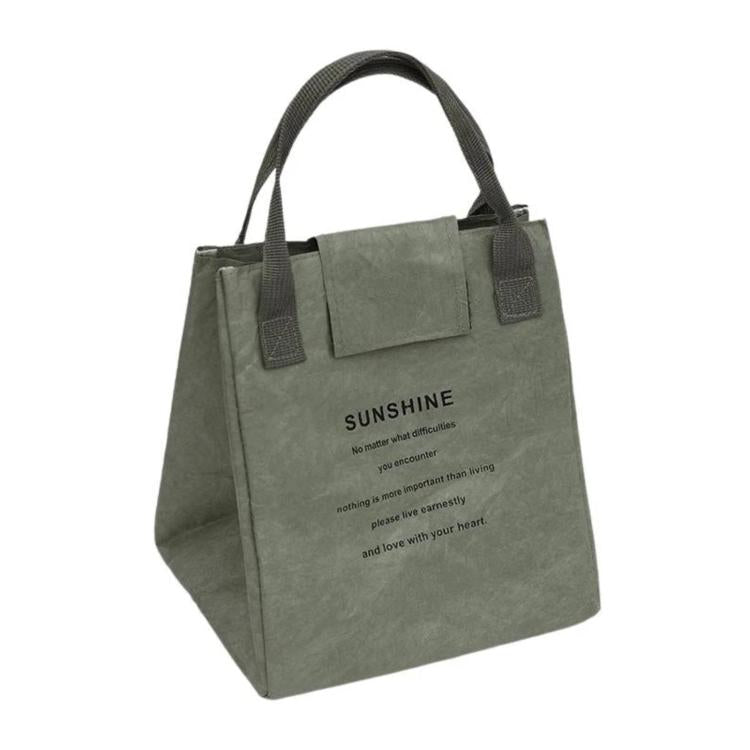 Army green insulated lunch tote bag with top carry handles and front pocket