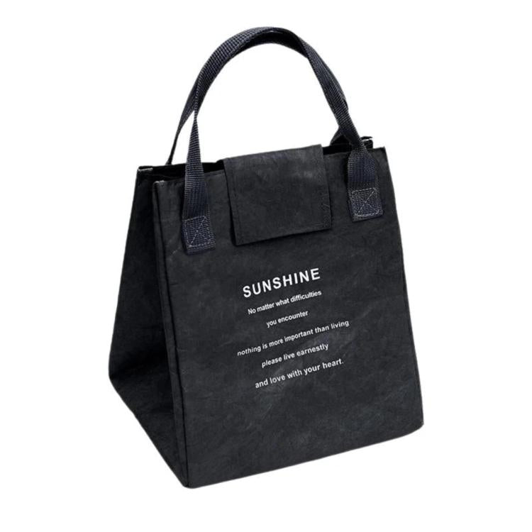 Black insulated lunch tote bag with top carry handles and front pocket