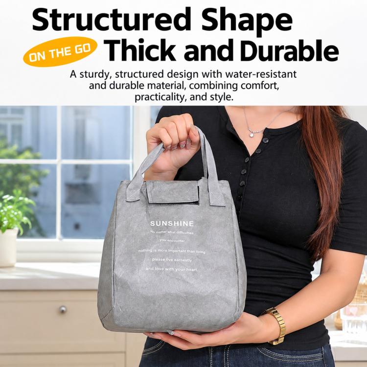 Light gray insulated lunch tote bag with structured shape and sturdy carry handles