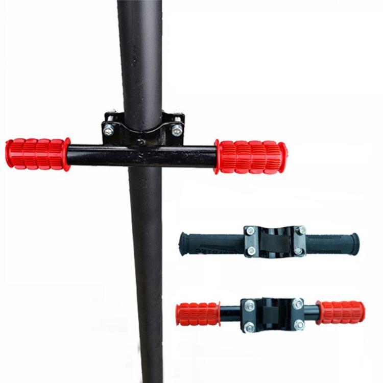 Red rubber handlebar grips on black crossbar with mounting brackets
