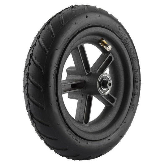 Pneumatic scooter rear wheel with black tire and rear hub, spokes and axle nut