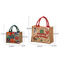 Jute Christmas tote bag size diagram with measurements for small and large