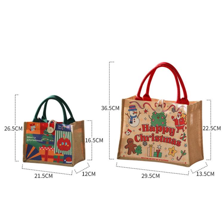 Jute Christmas tote bag size diagram with measurements for small and large
