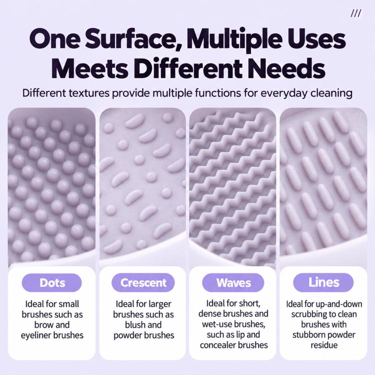 Purple silicone cleaning mat with multiple textured surfaces for different brushes