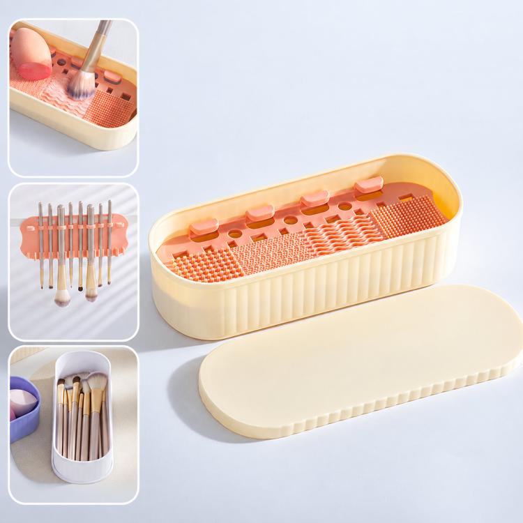 Creamy apricot makeup brush cleaning box with orange textured insert and matching lid