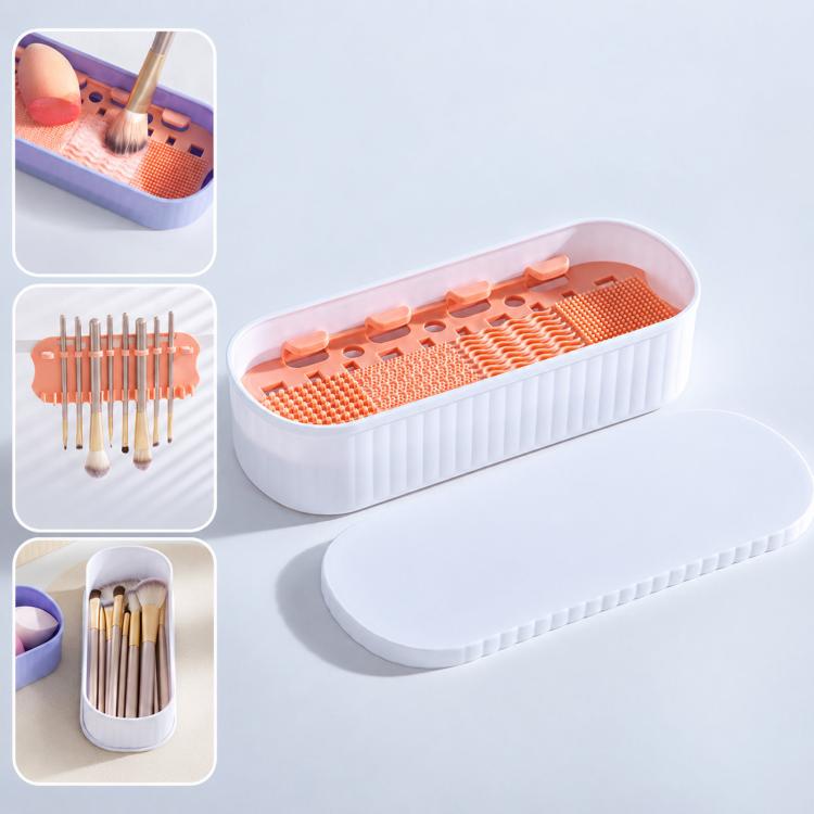 White makeup brush cleaning box with orange textured insert and side-mounted drying rack