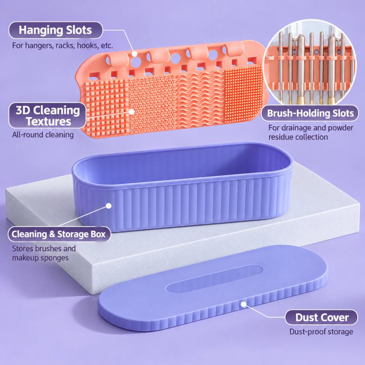 Purple and cream makeup brush cleaning box with dust cover, drying rack, storage slot