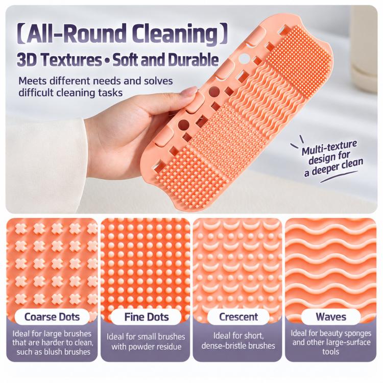 Makeup brush cleaning insert with varied orange cleaning textures for different brush heads