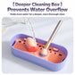 Purple makeup brush cleaning box with orange insert, water pouring over brush mat