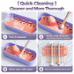 Purple makeup brush cleaner steps: pour cleaner, scrub, rinse, then air-dry